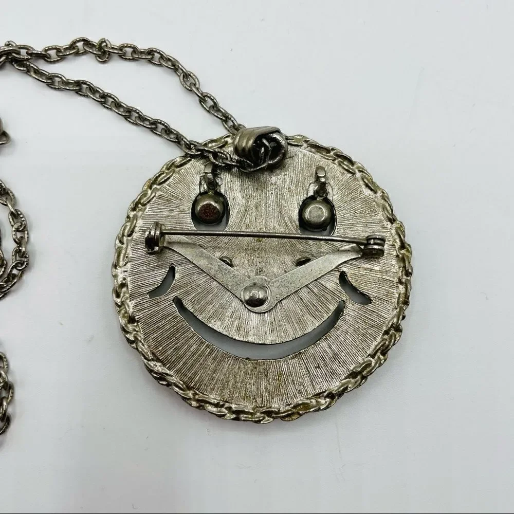 Vintage Silver Smiley Face Necklace on Long Chain